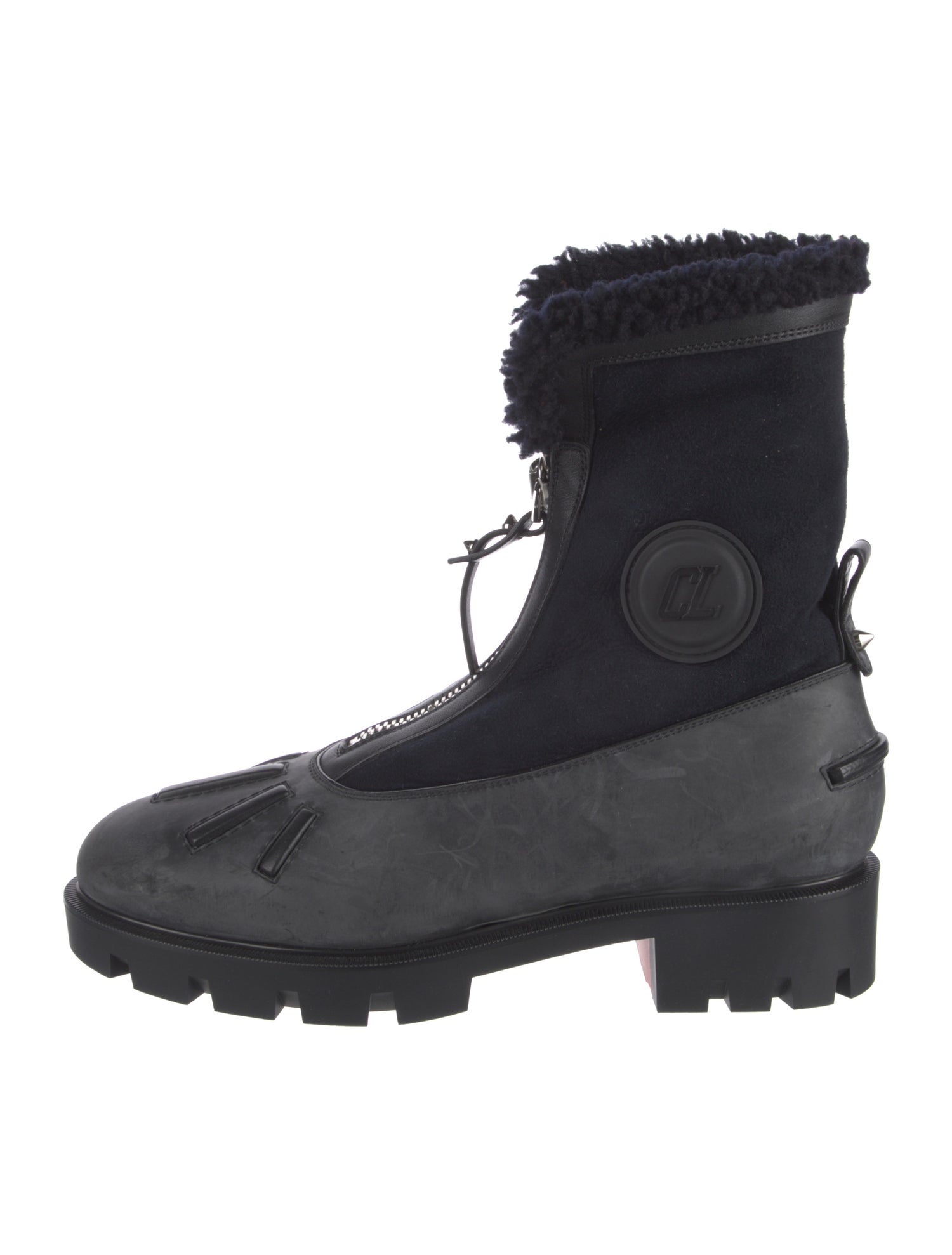 Christian Louboutin Suede Fur Trim Combat Boots