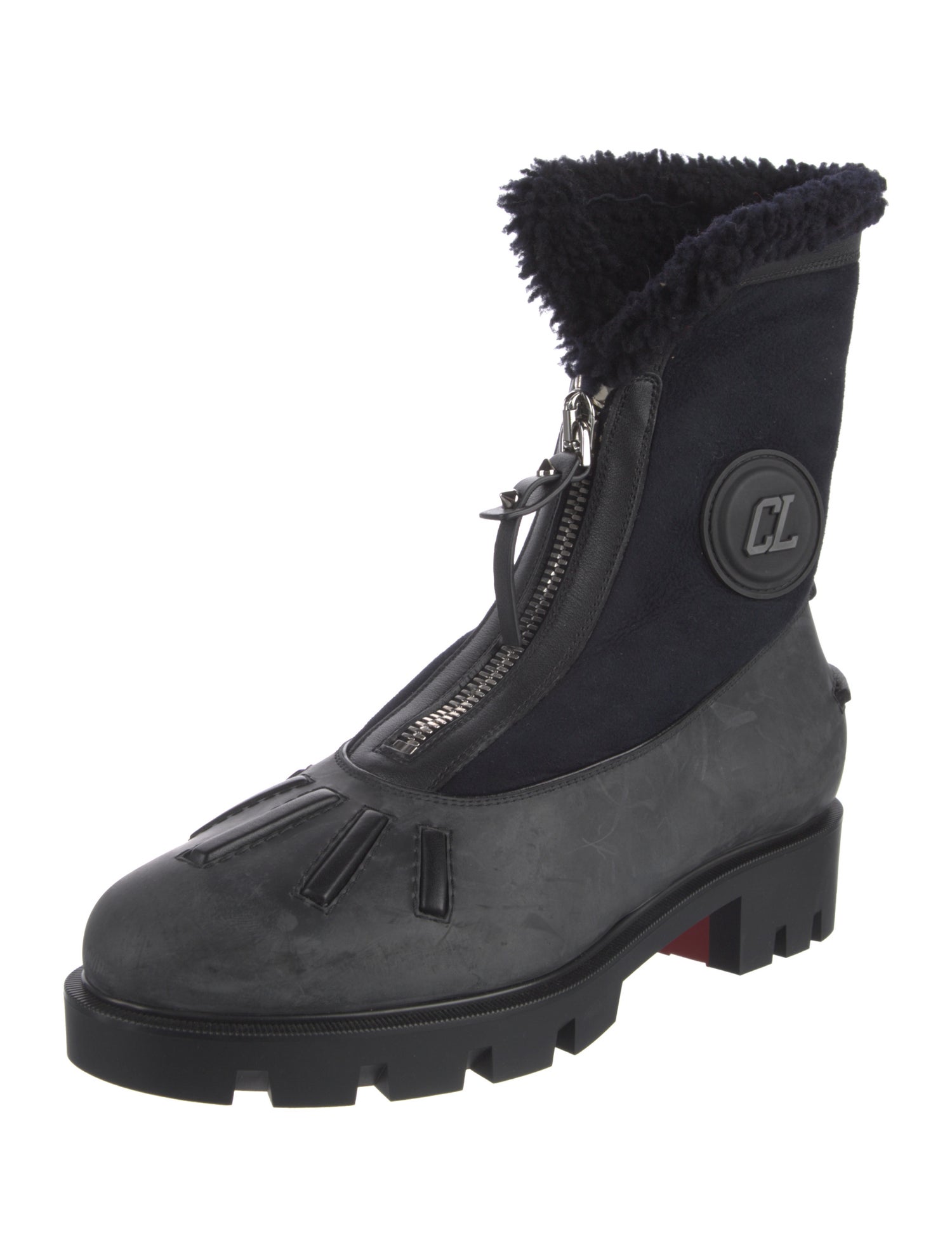 Christian Louboutin Suede Fur Trim Combat Boots