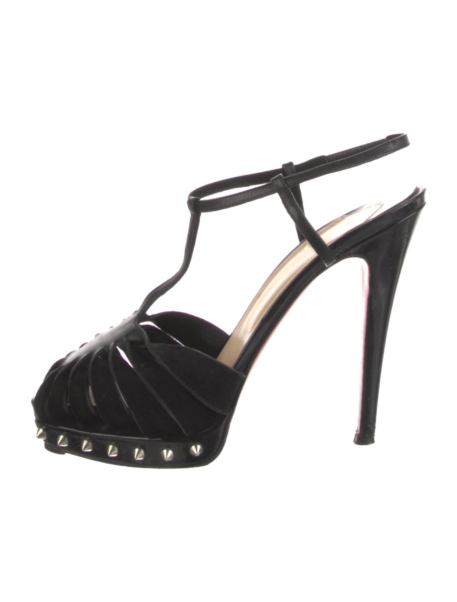 Christian Louboutin Spike Accents Suede T-Strap Pumps
