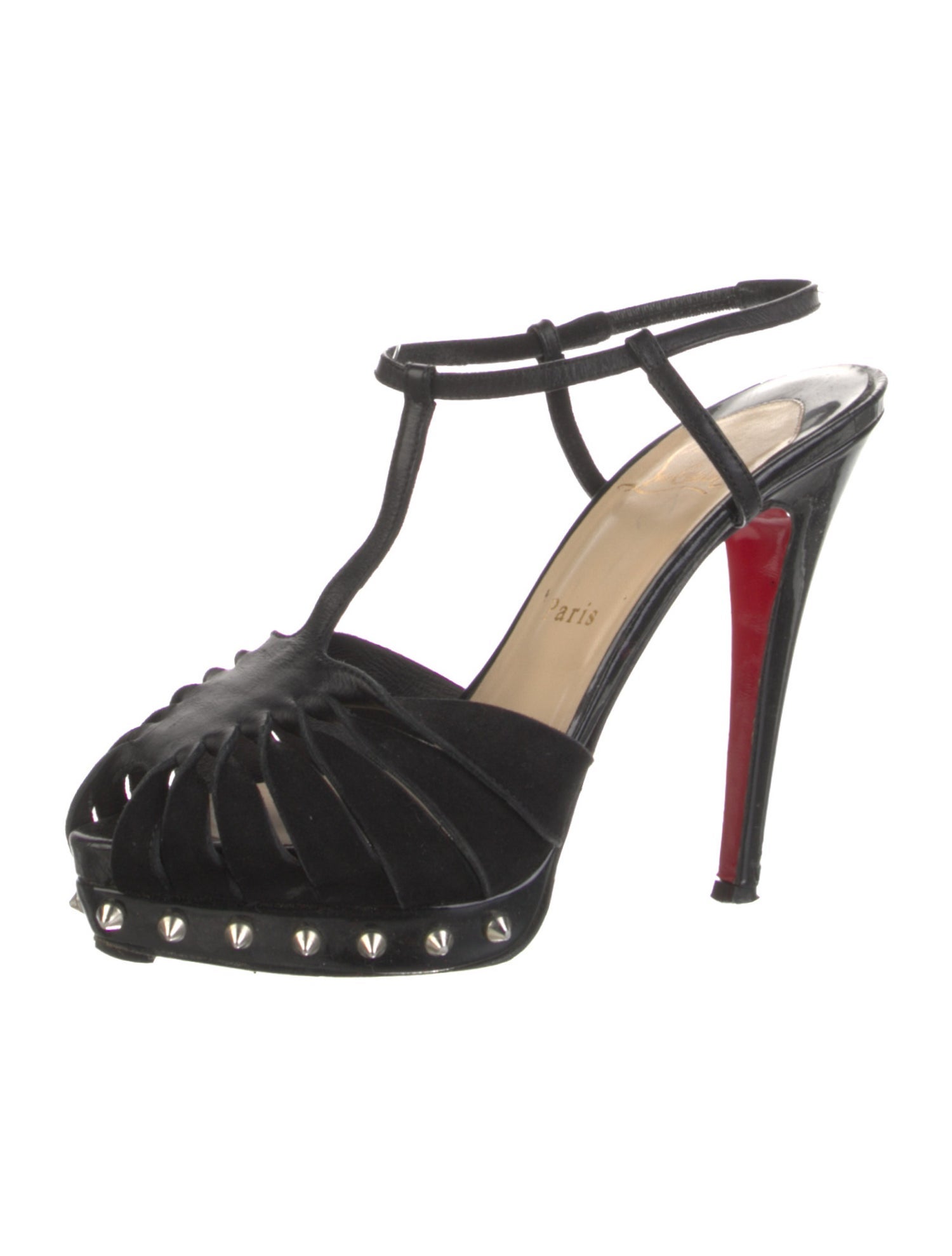Christian Louboutin Spike Accents Suede T-Strap Pumps