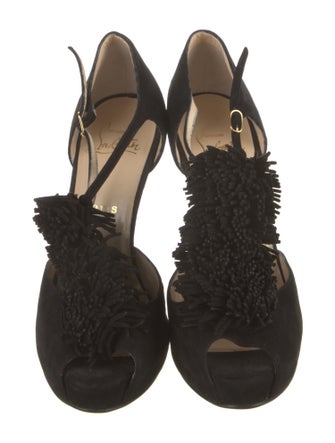 Christian Louboutin Suede Fringe Trim Accent T-Strap Pumps