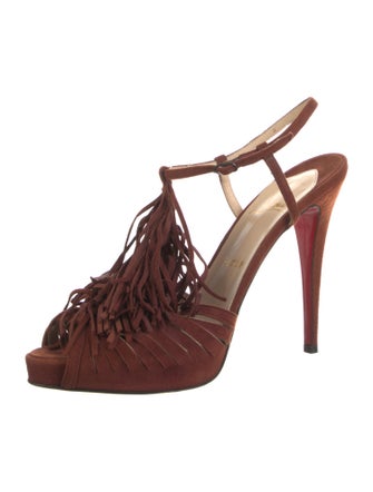 Christian Louboutin Suede Fringe Trim Accent T-Strap Pumps