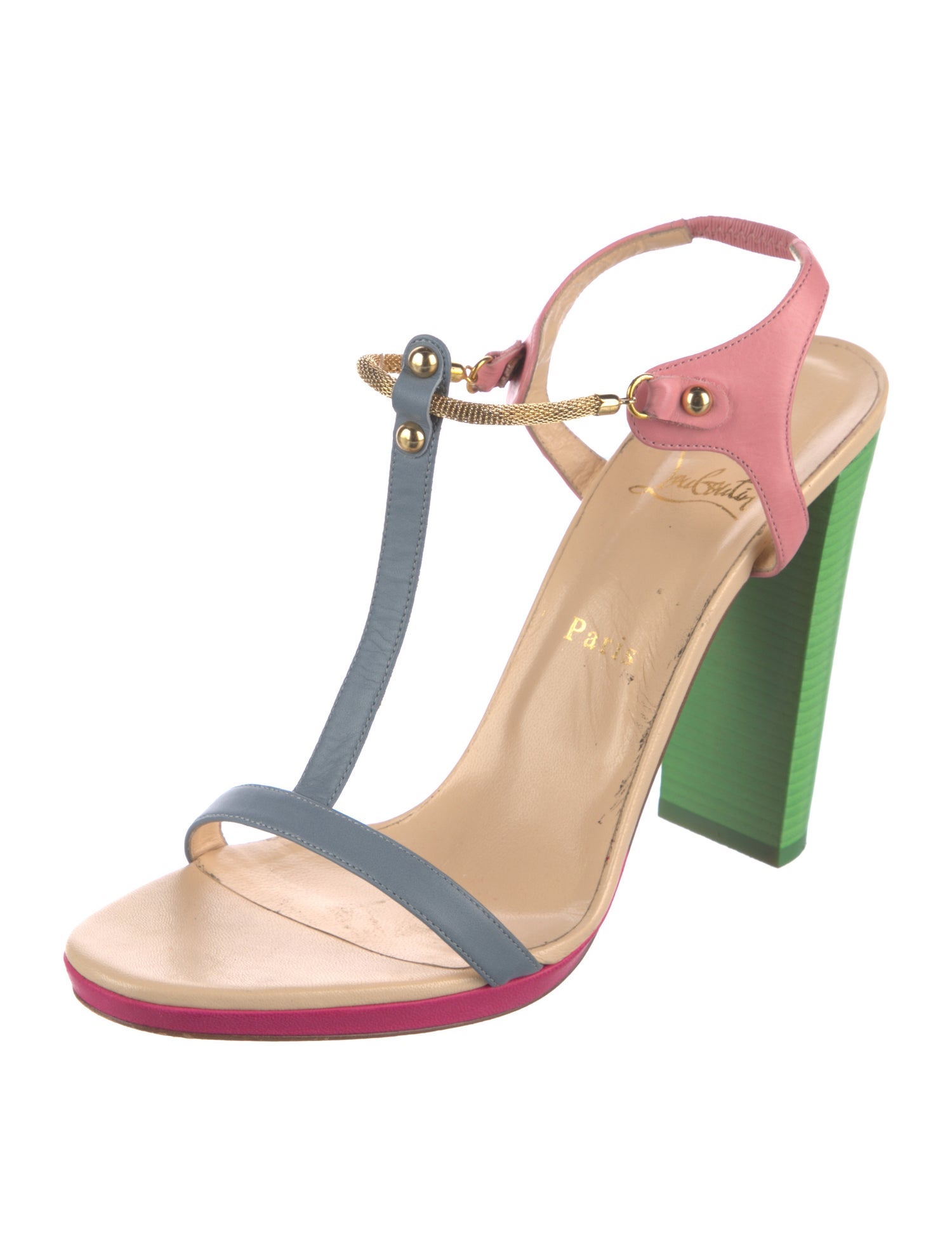 Christian Louboutin Leather Colorblock Pattern T-Strap Sandals