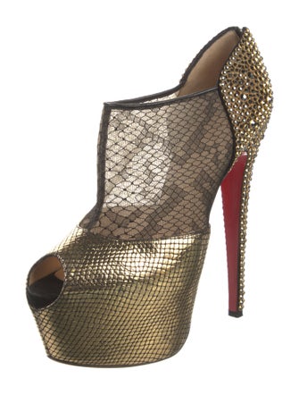 Christian Louboutin Patent Leather Mesh Accents T-Strap Pumps