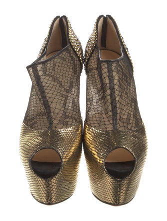 Christian Louboutin Patent Leather Mesh Accents T-Strap Pumps