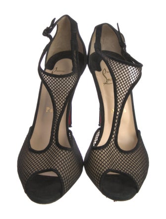 Christian Louboutin Suede Mesh Accents T-Strap Pumps
