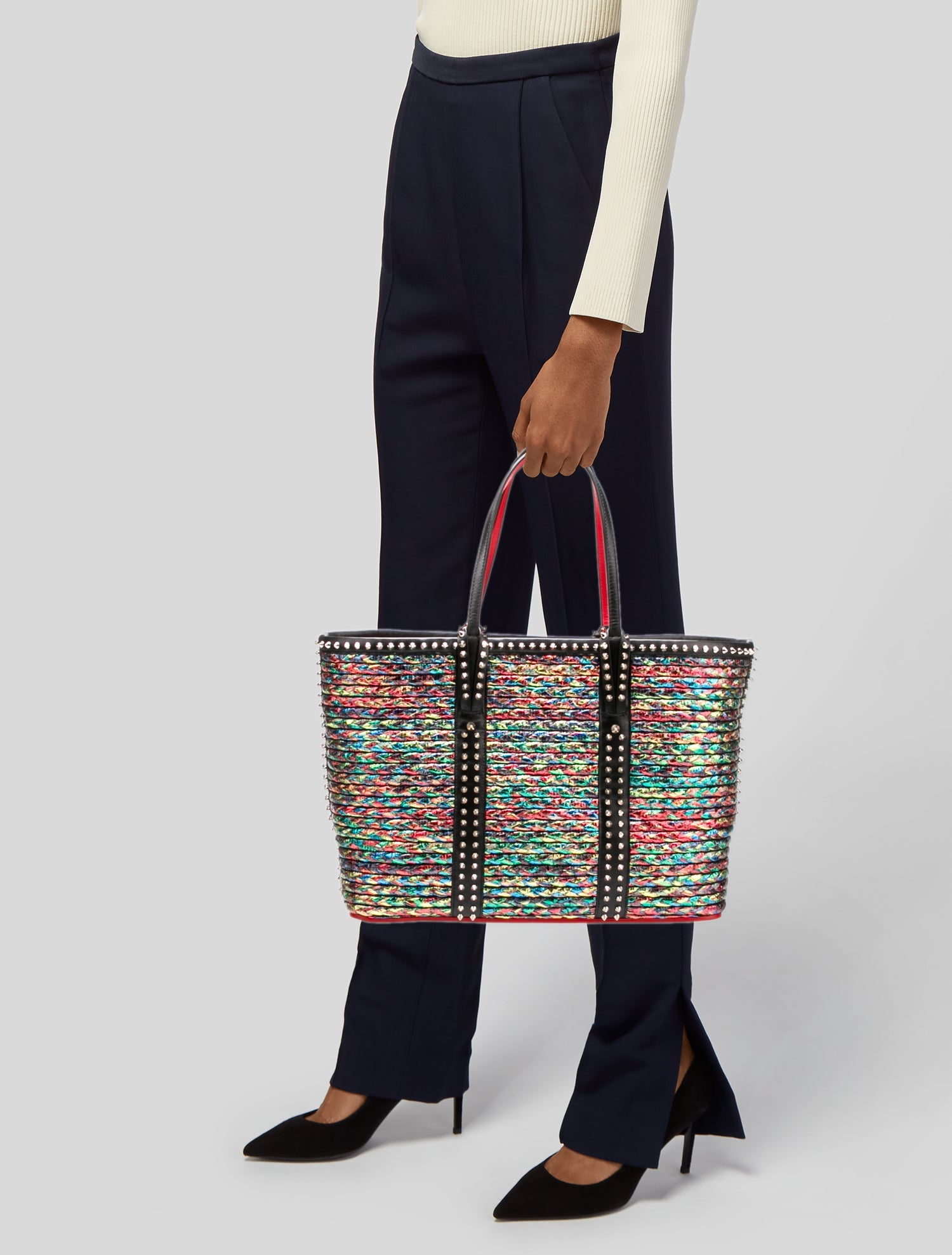 Christian Louboutin Spike Large Cabata Metallic Straw Spikes Multicolor Tote