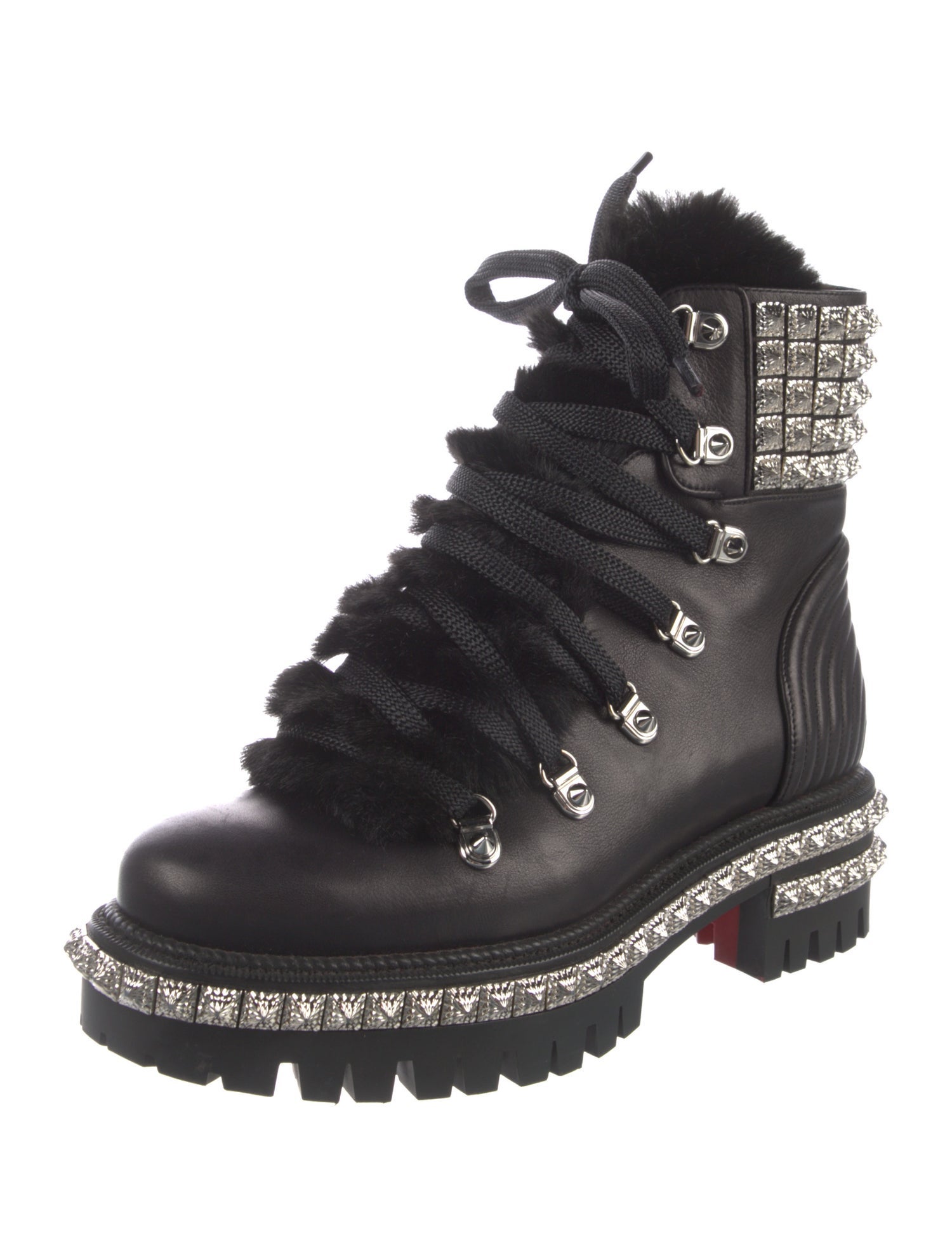Christian Louboutin Leather Faux Fur Trim Combat Boots