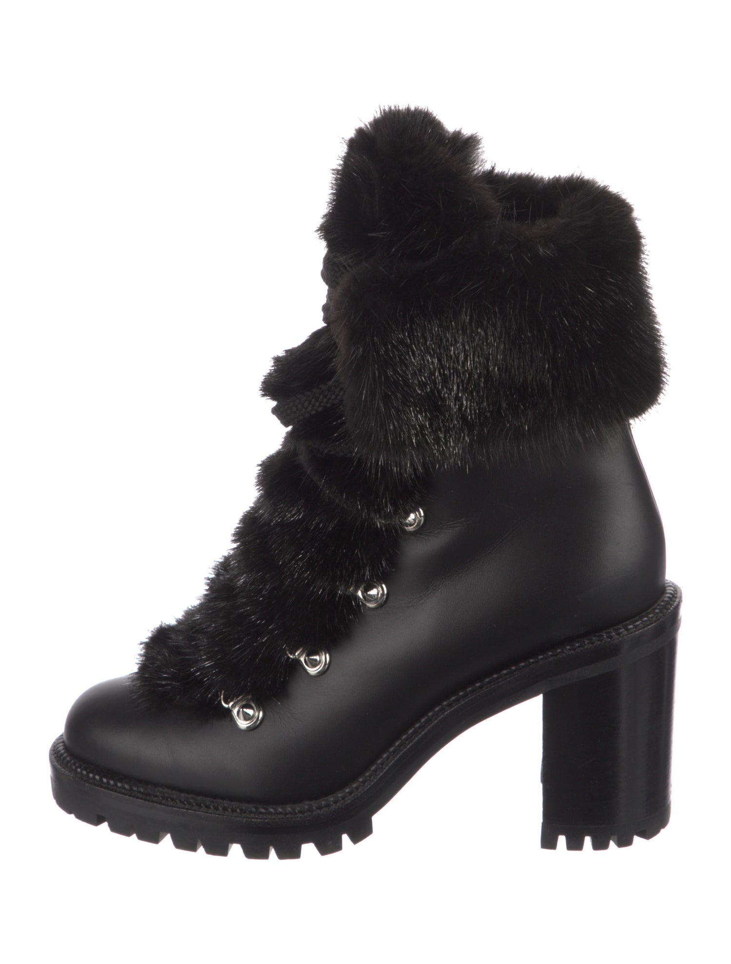 Christian Louboutin Leather Faux Fur Trim Combat Boots