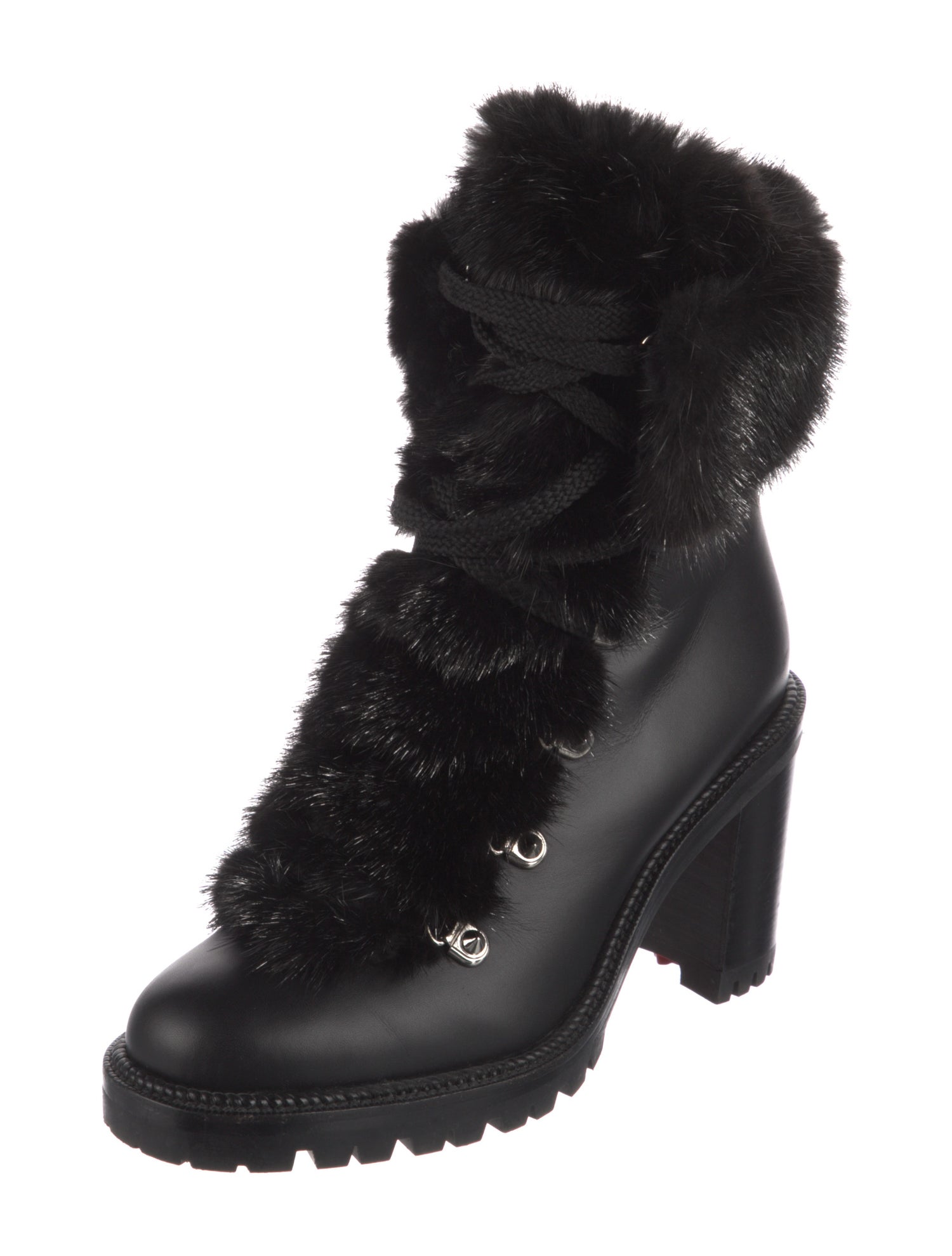 Christian Louboutin Leather Faux Fur Trim Combat Boots