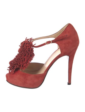 Christian Louboutin Suede Fringe Trim Accent T-Strap Pumps