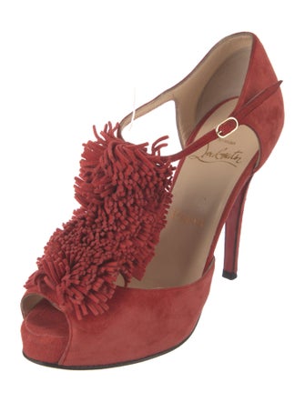 Christian Louboutin Suede Fringe Trim Accent T-Strap Pumps