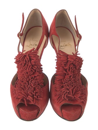 Christian Louboutin Suede Fringe Trim Accent T-Strap Pumps