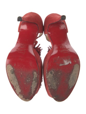 Christian Louboutin Suede Fringe Trim Accent T-Strap Pumps