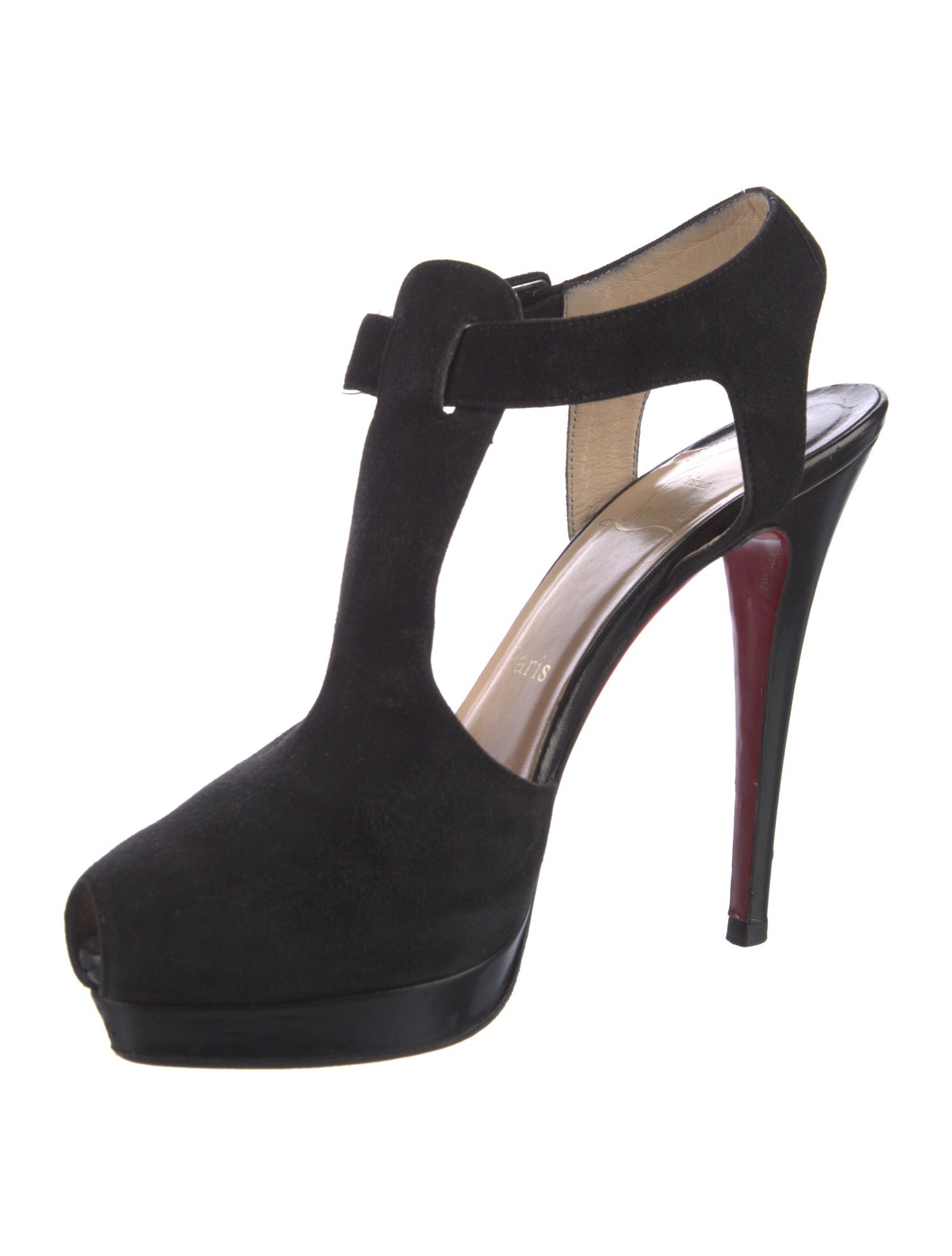 Christian Louboutin Suede Leather Trim Embellishment T-Strap Pumps