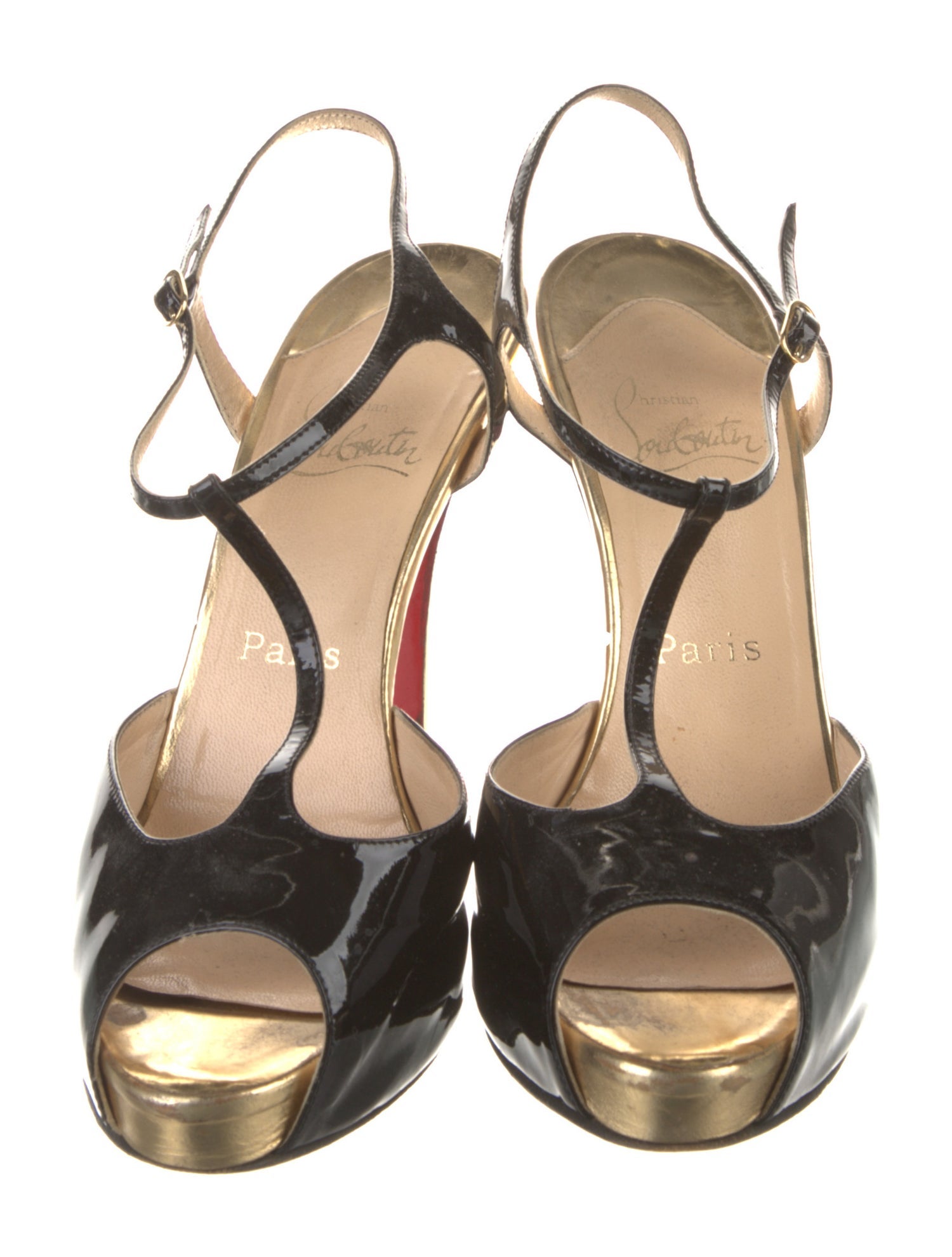 Christian Louboutin Patent Leather Colorblock Pattern T-Strap Pumps