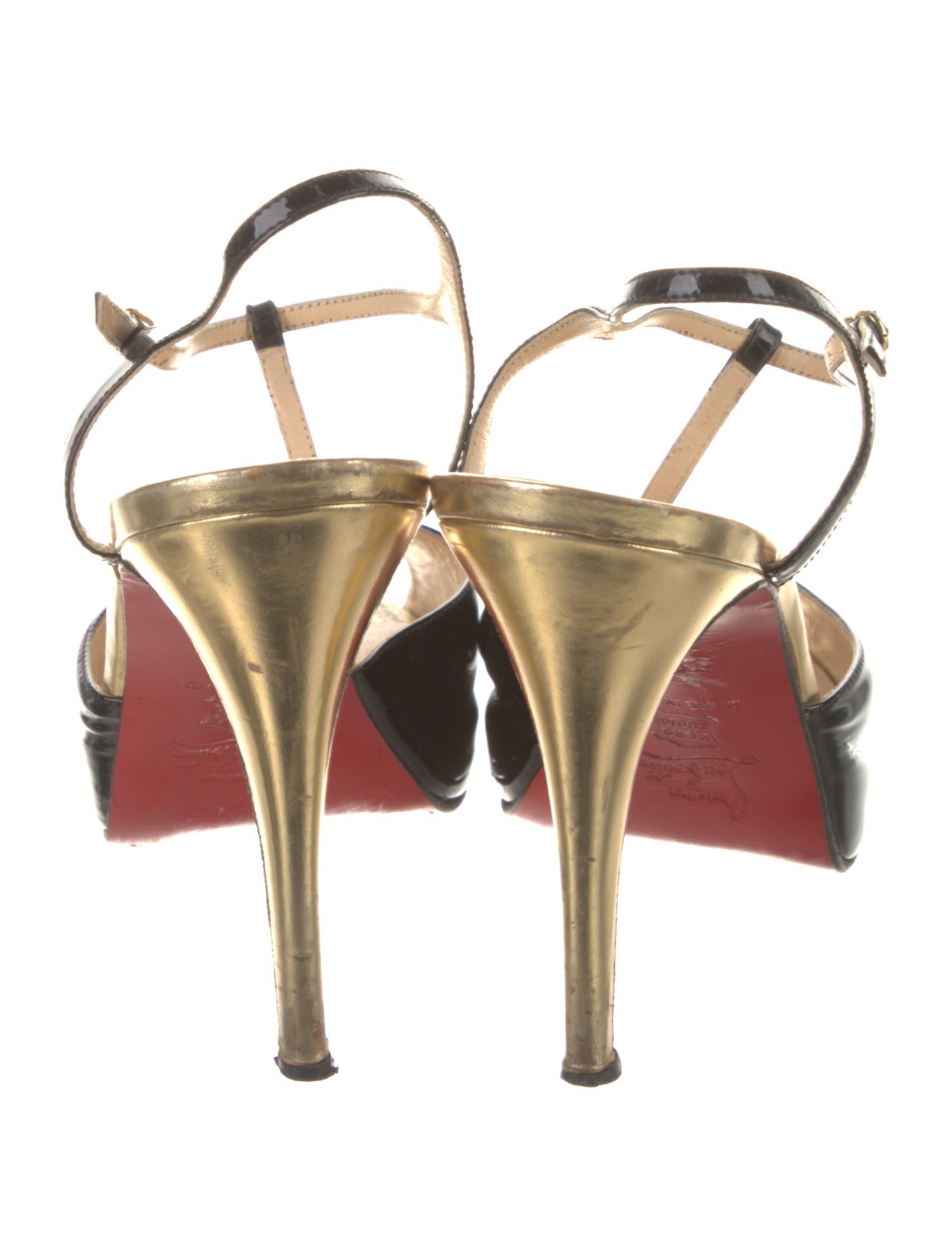 Christian Louboutin Patent Leather Colorblock Pattern T-Strap Pumps