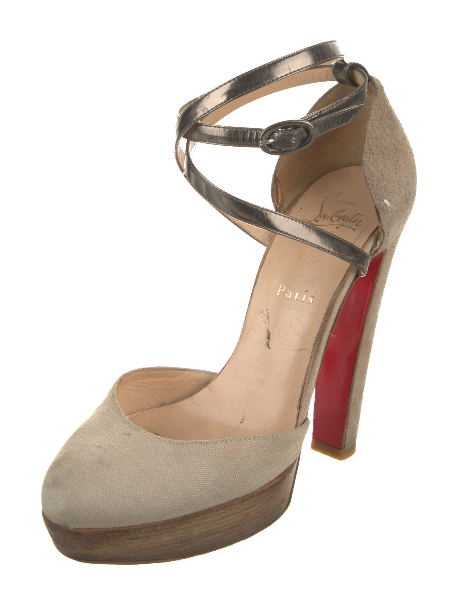 Christian Louboutin Canvas Leather Trim Embellishment D'Orsay Pumps