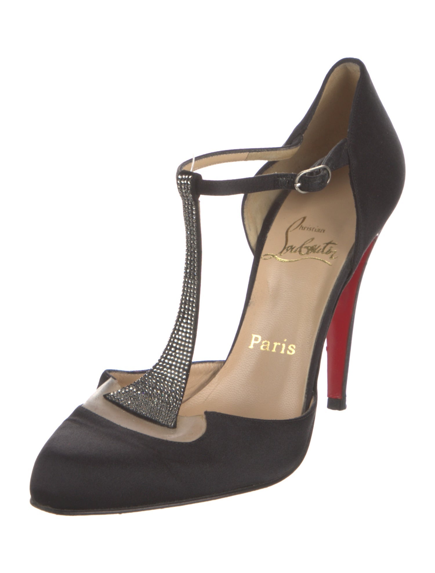 Christian Louboutin Satin Crystal Embellishments T-Strap Pumps