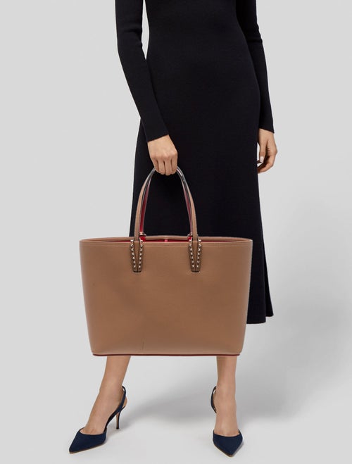 Christian Louboutin Leather Calfskin Empire Spikes Small East West Cabata Tote Nude