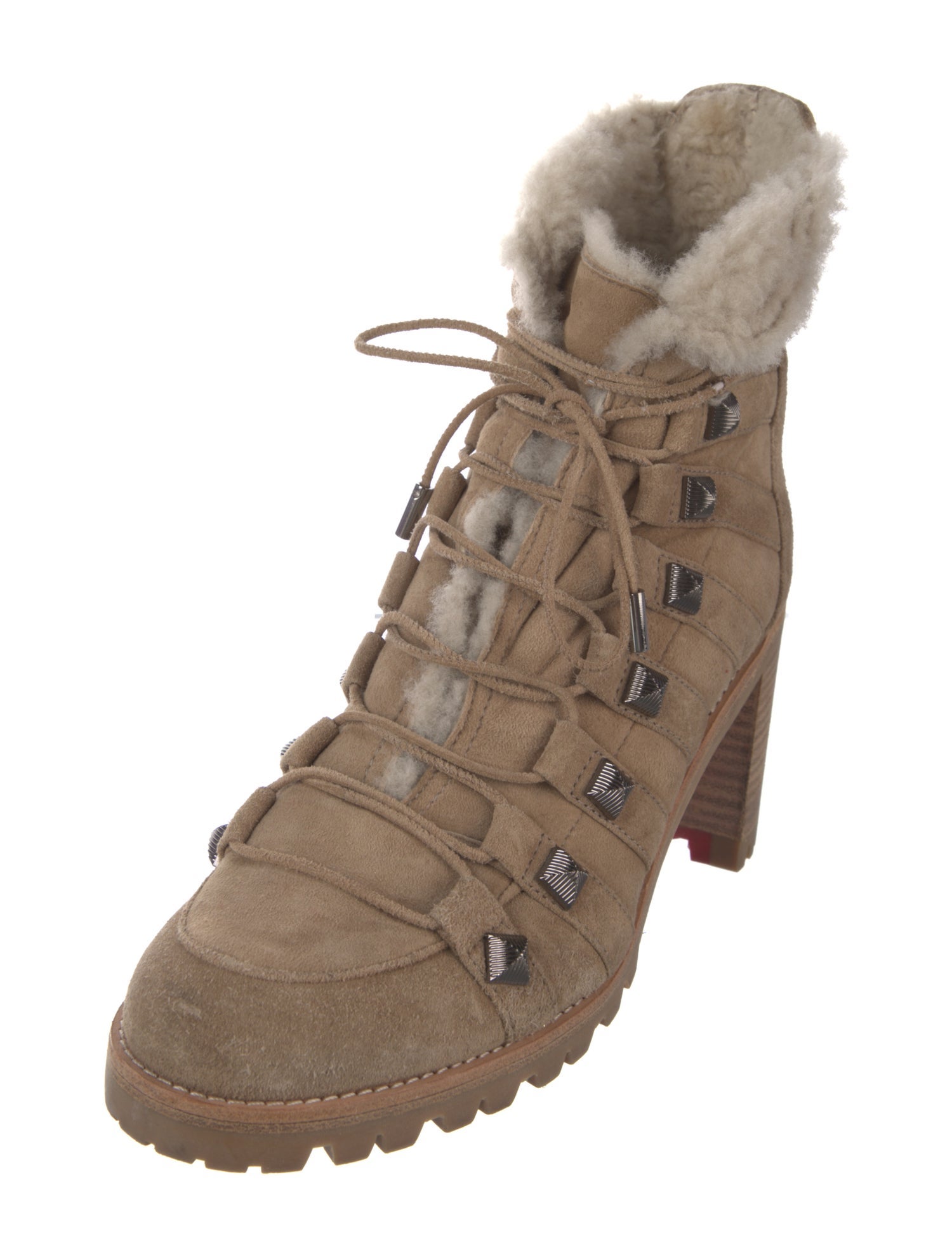 Christian Louboutin Suede Faux Fur Trim Lace-Up Boots