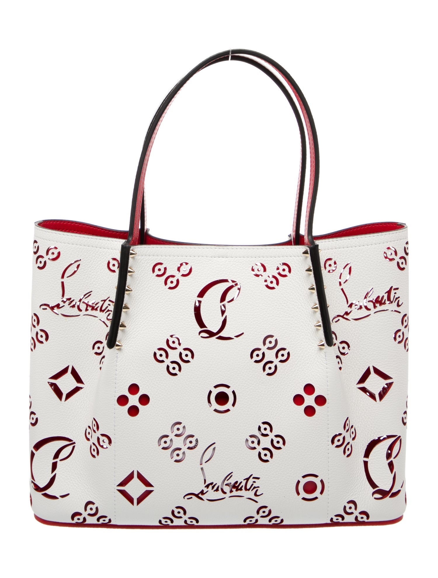 Christian Louboutin Leather Calfskin Loubinthesky Small Perforated Cabarock Spikes Tote Snow