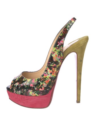 Christian Louboutin Patent Leather Floral Print Slingback Pumps