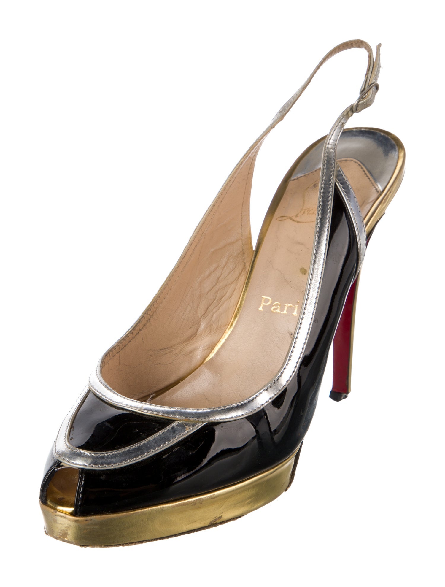 Christian Louboutin Patent Leather Colorblock Pattern Slingback Pumps