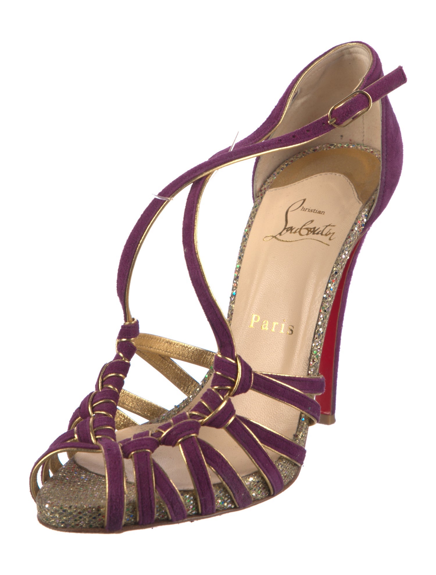 Christian Louboutin Suede Glitter Accents T-Strap Pumps