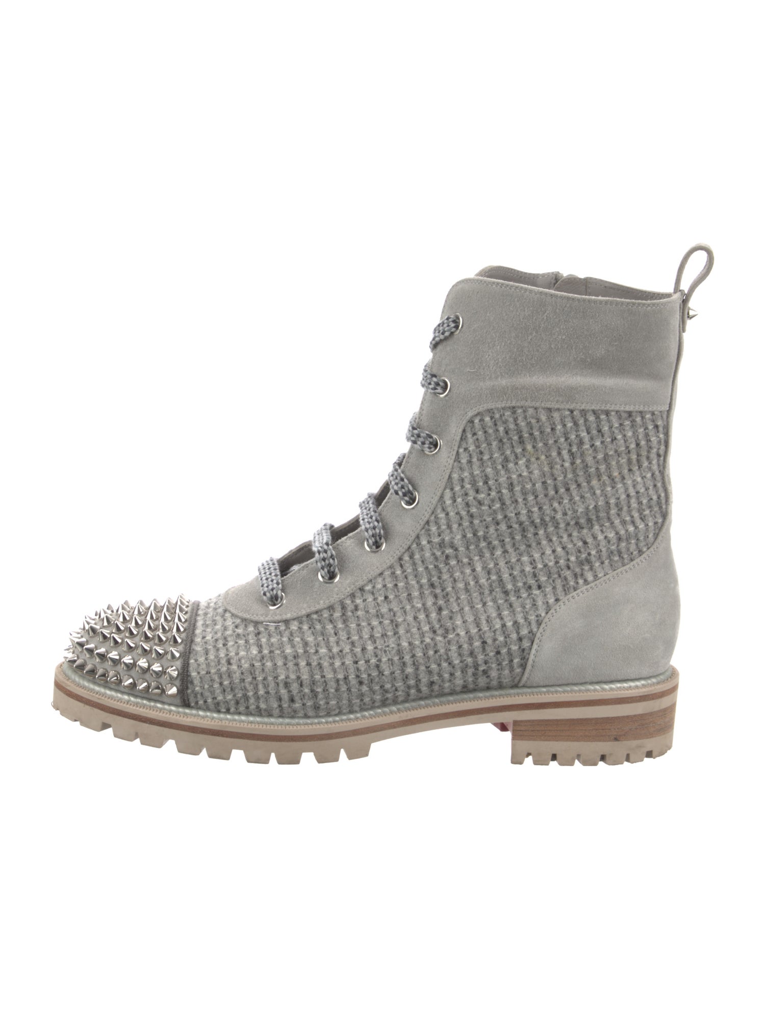 Christian Louboutin Spike Accents Tweed Combat Boots