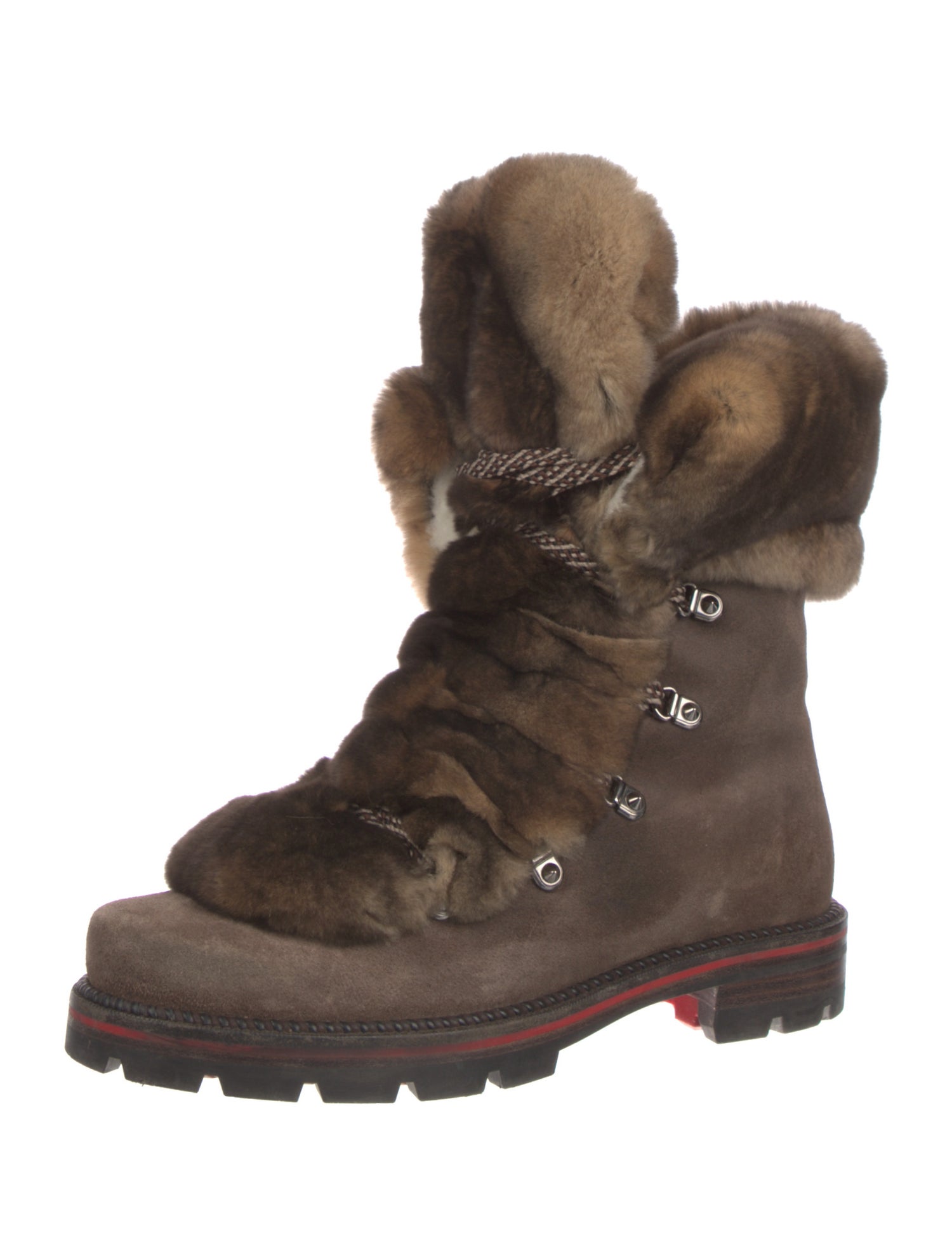 Christian Louboutin Suede Fur Trim Lace-Up Boots