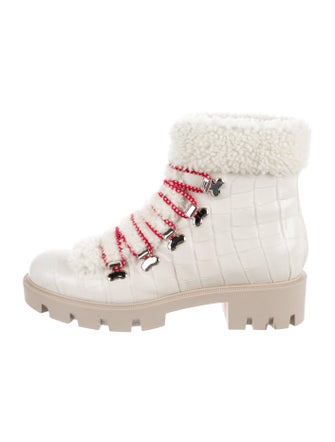 Christian Louboutin Embossed Leather Fur Trim Combat Boots