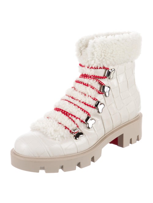 Christian Louboutin Embossed Leather Fur Trim Combat Boots