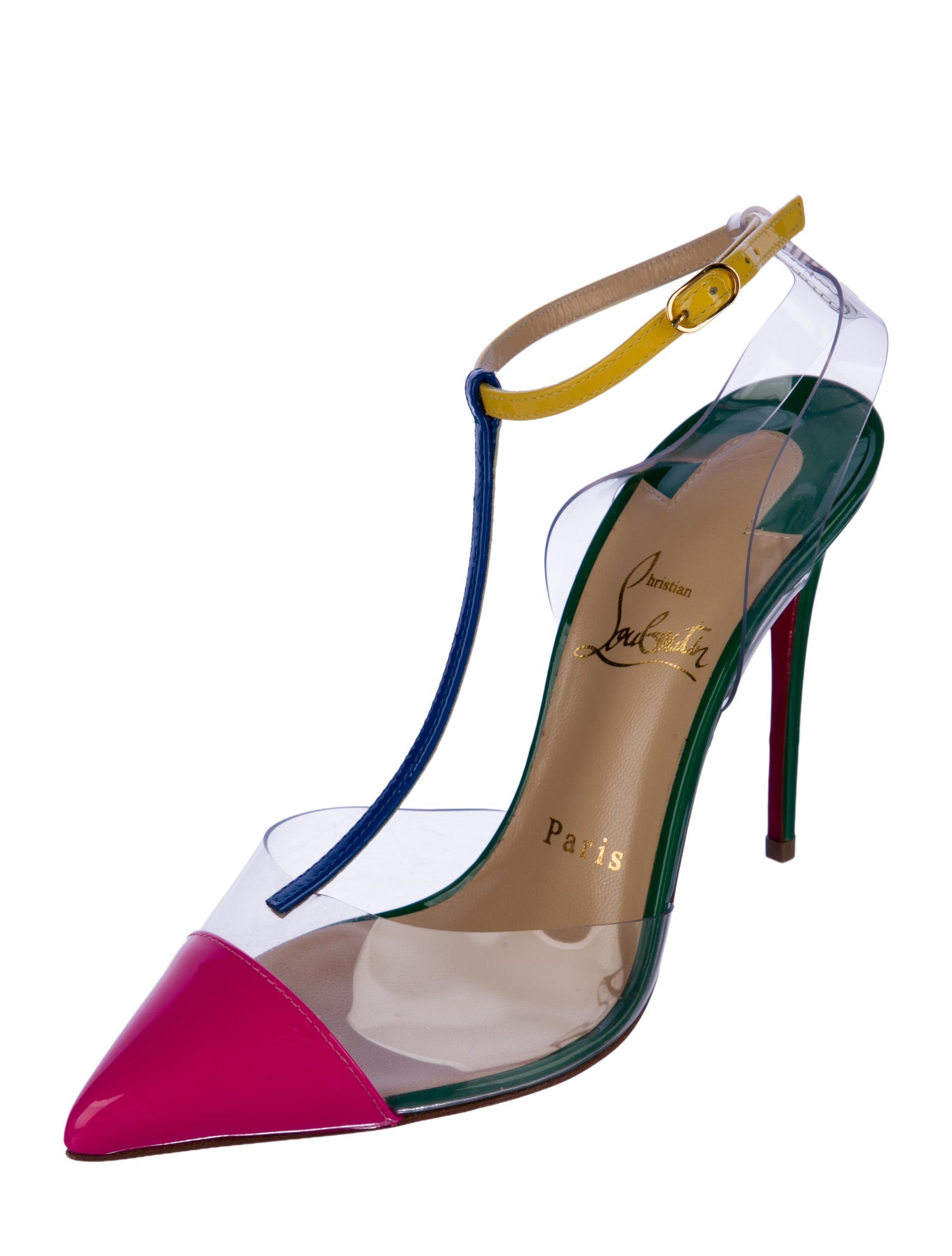 Christian Louboutin Patent Leather Colorblock Pattern T-Strap Pumps