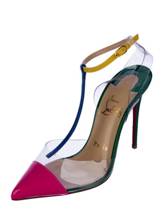 Christian Louboutin Patent Leather Colorblock Pattern T-Strap Pumps