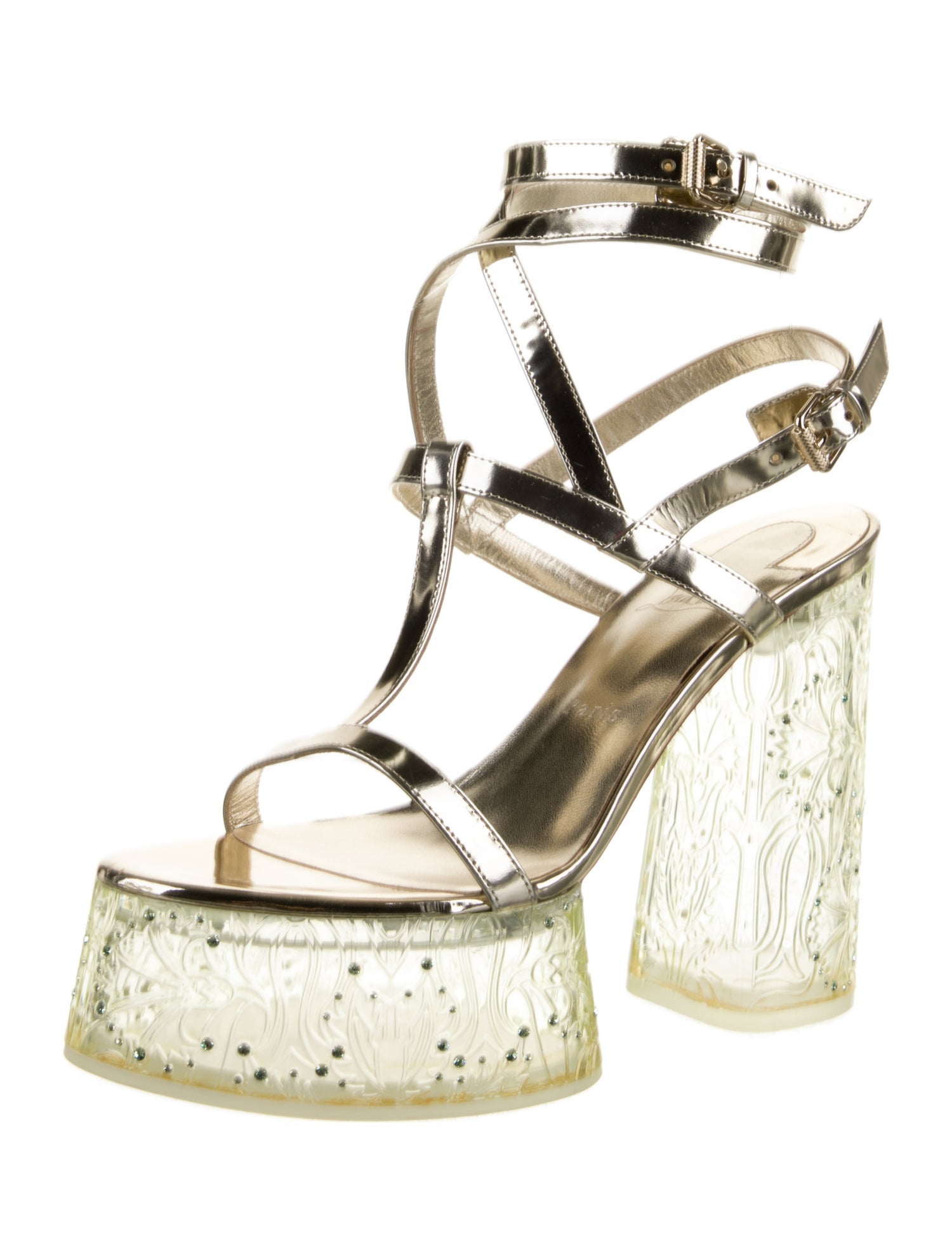 Christian Louboutin Patent Leather Crystal Embellishments T-Strap Sandals