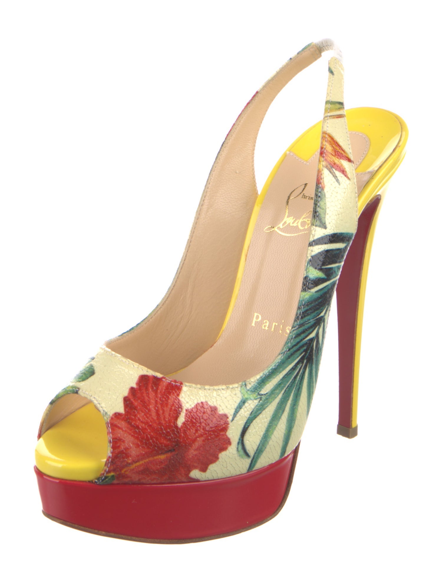 Christian Louboutin Patent Leather Floral Print Slingback Pumps