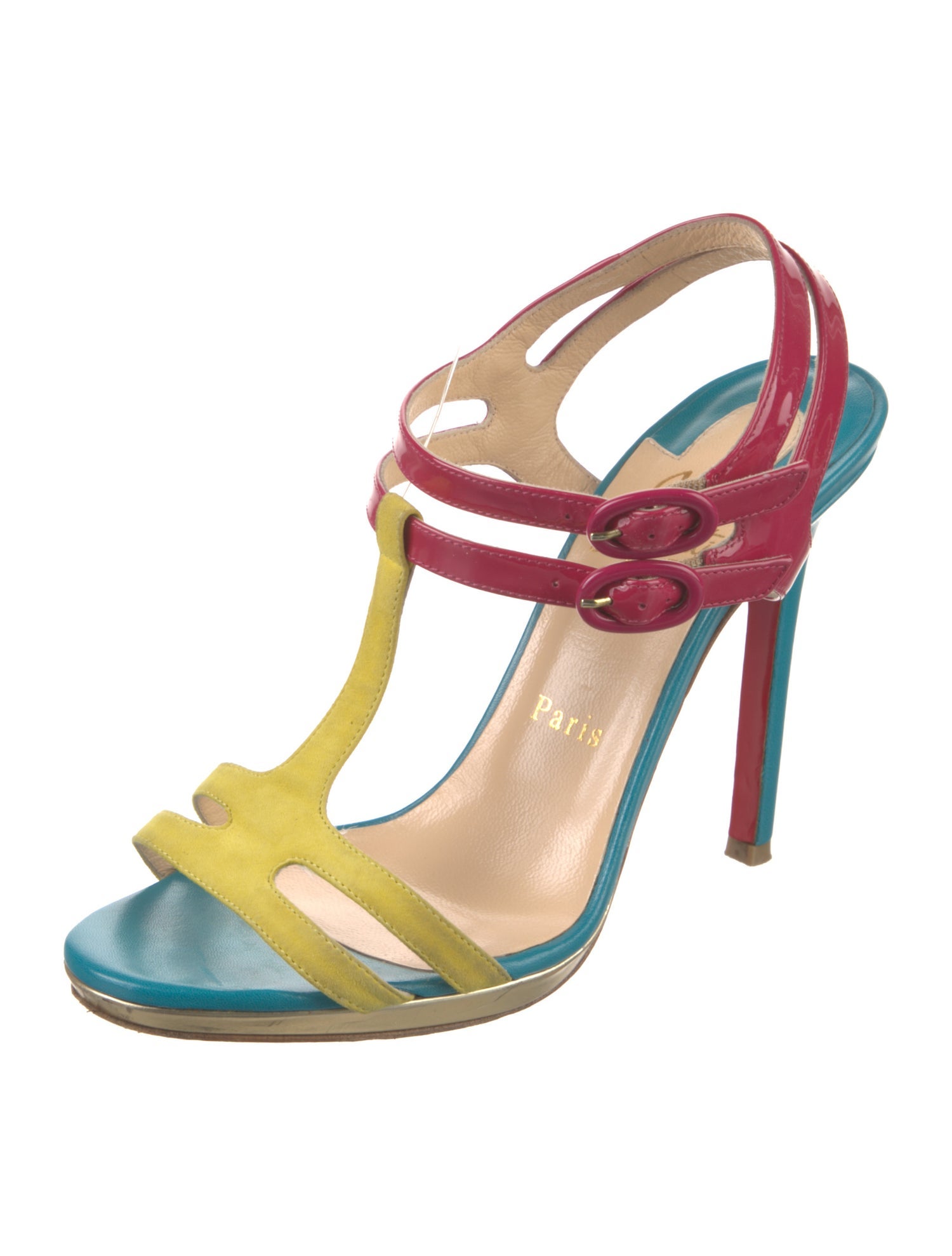 Christian Louboutin Patent Leather Colorblock Pattern T-Strap Sandals