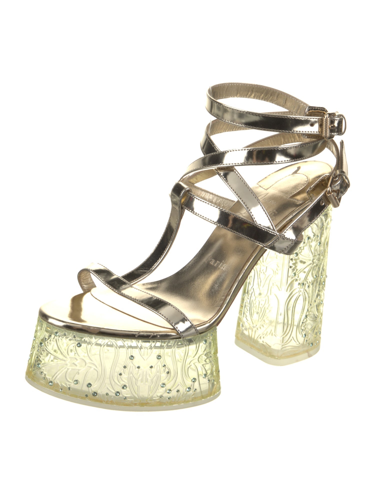 Christian Louboutin Patent Leather Crystal Embellishments T-Strap Sandals