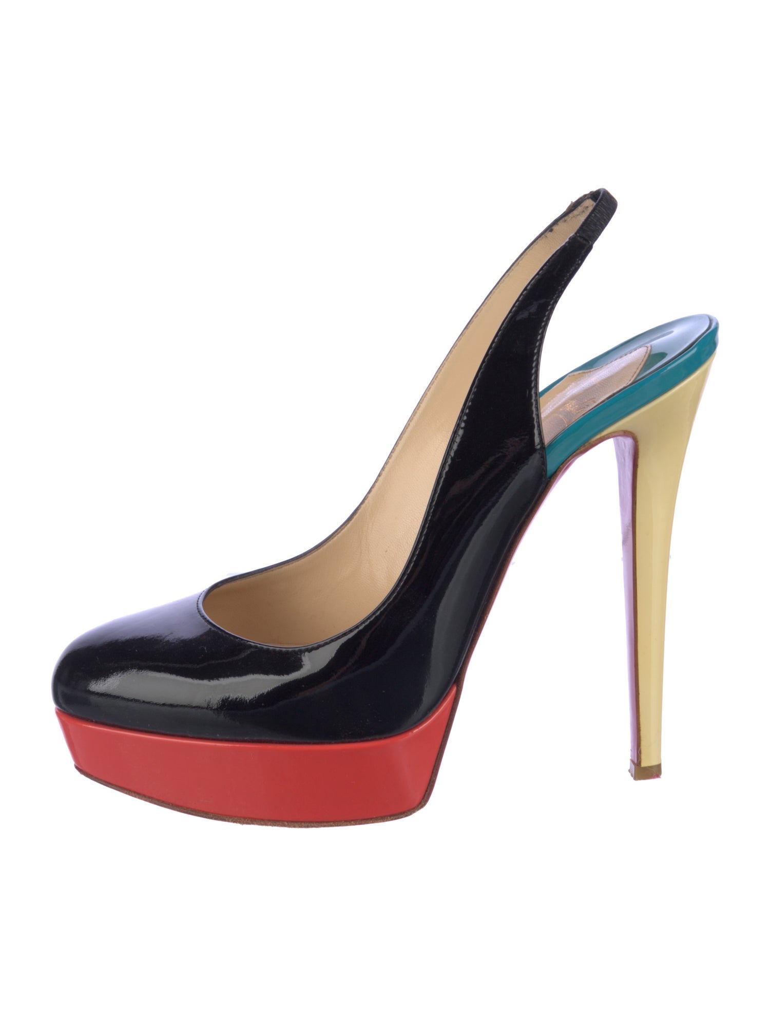 Christian Louboutin Patent Leather Colorblock Pattern Slingback Pumps