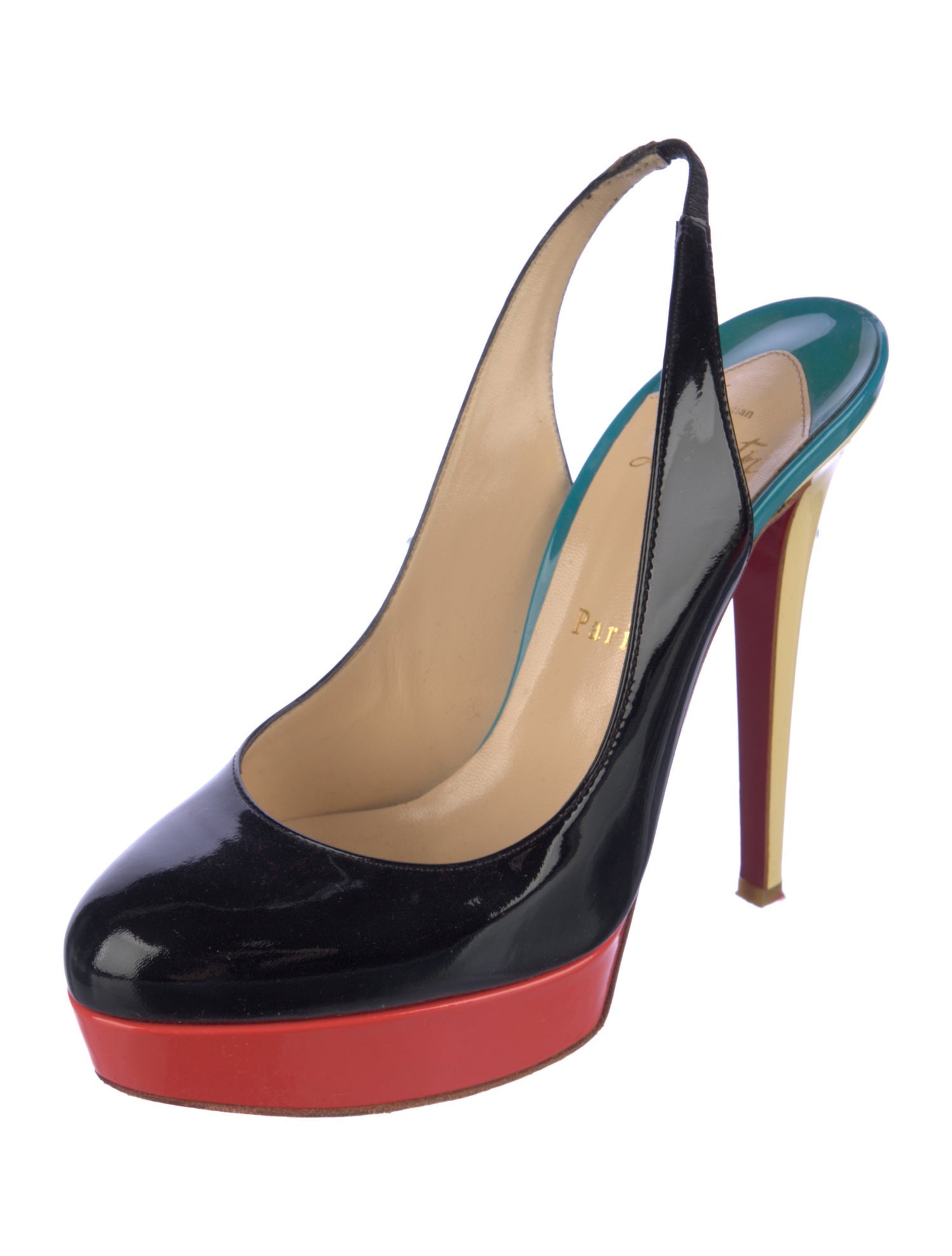Christian Louboutin Patent Leather Colorblock Pattern Slingback Pumps
