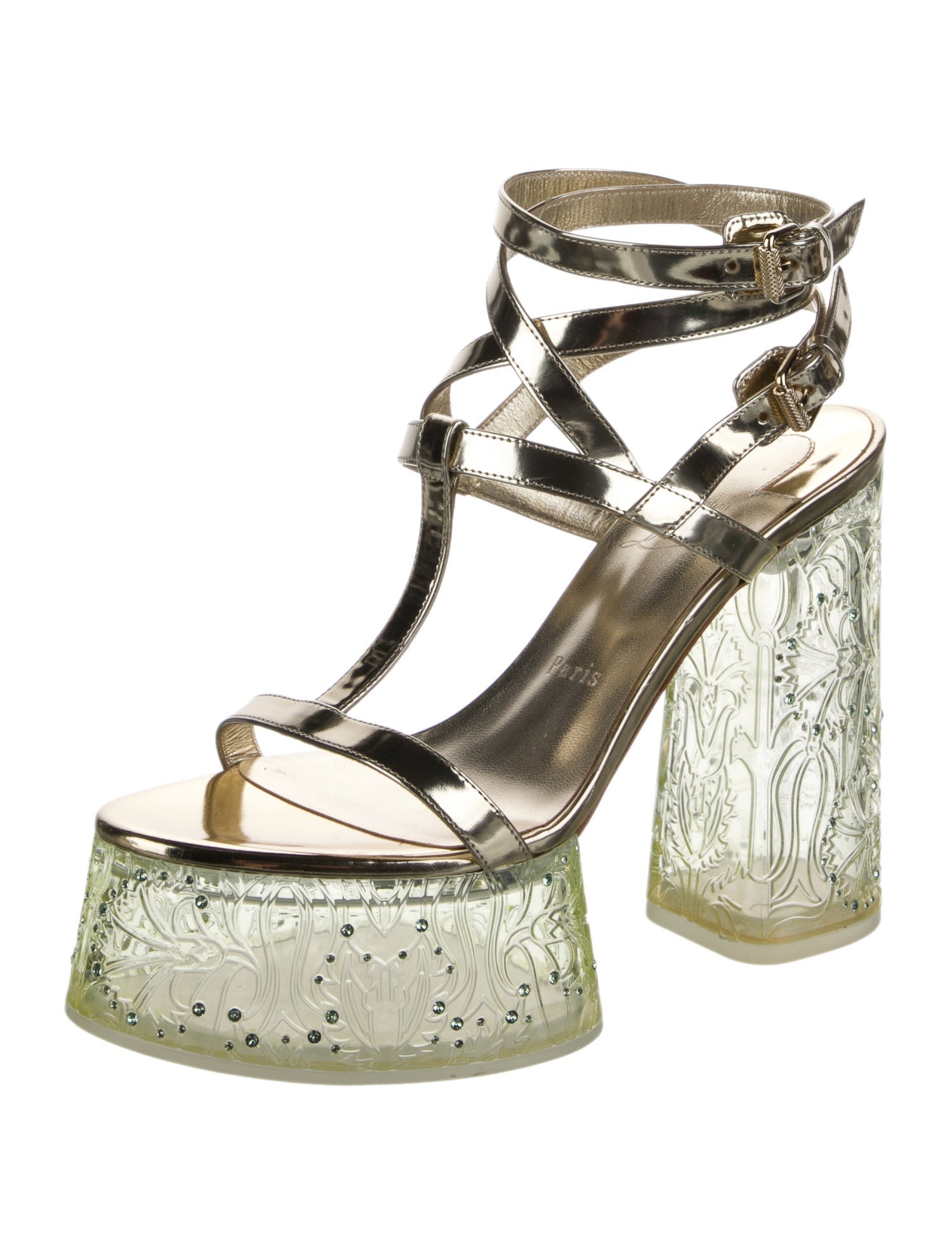 Christian Louboutin Patent Leather Crystal Embellishments T-Strap Sandals