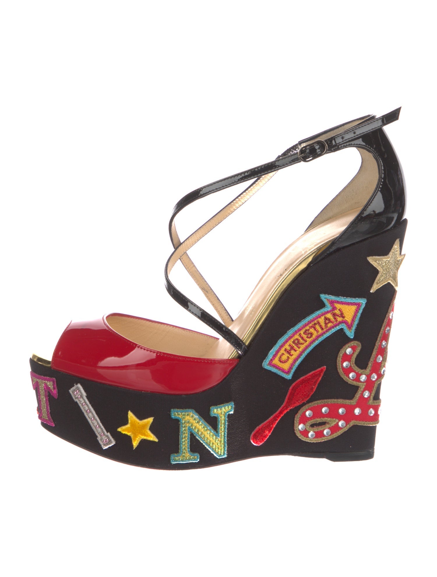 Christian Louboutin Patent Leather Printed T-Strap Pumps