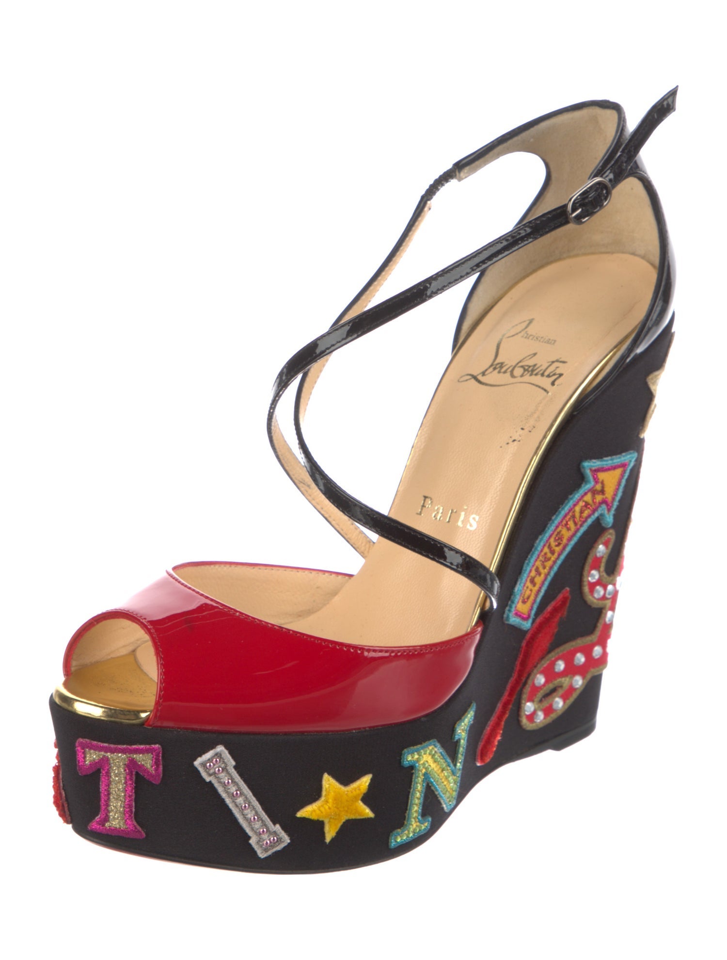 Christian Louboutin Patent Leather Printed T-Strap Pumps