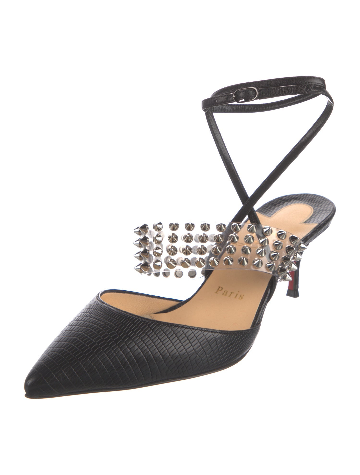 Christian Louboutin Spike Accents Embossed Leather Slingback Pumps