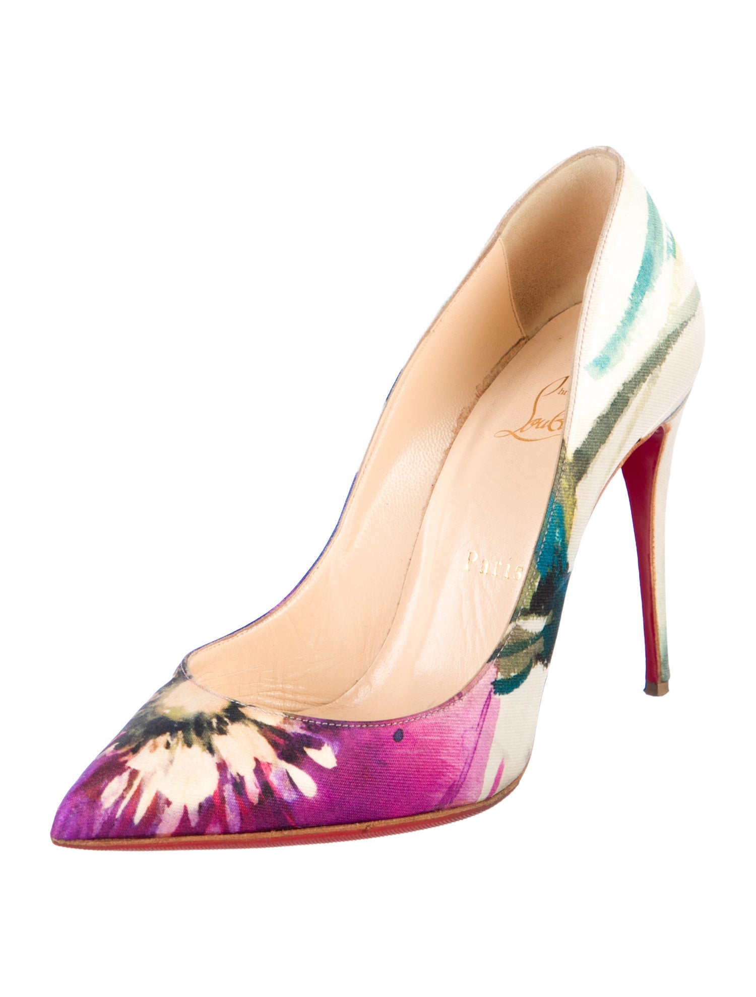 Christian Louboutin Satin Floral Print Slingback Pumps