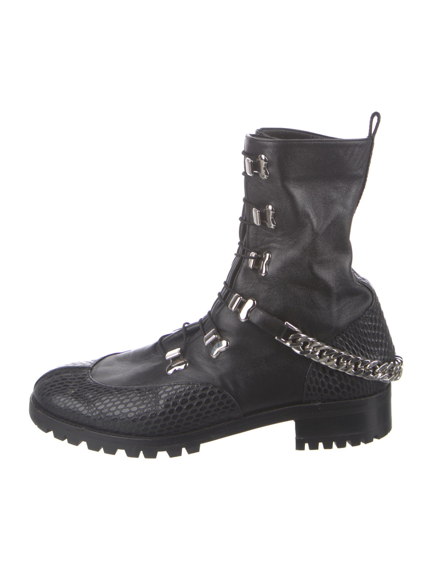 Christian Louboutin Embossed Leather Chain-Link Accents Combat Boots