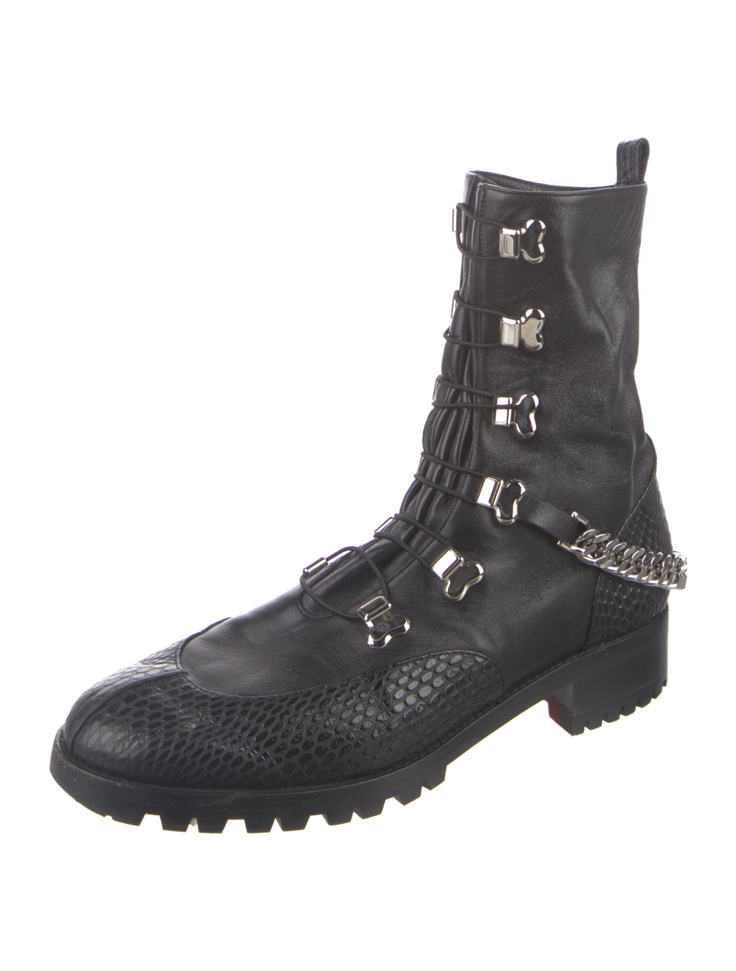 Christian Louboutin Embossed Leather Chain-Link Accents Combat Boots