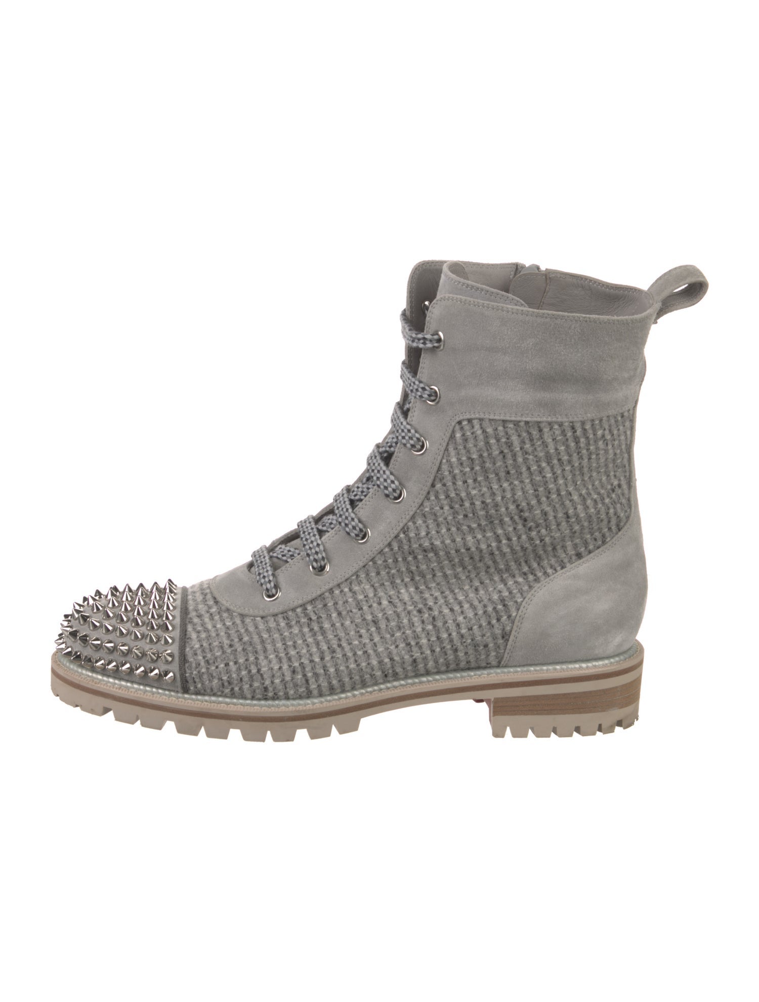 Christian Louboutin Spike Accents Tweed Combat Boots