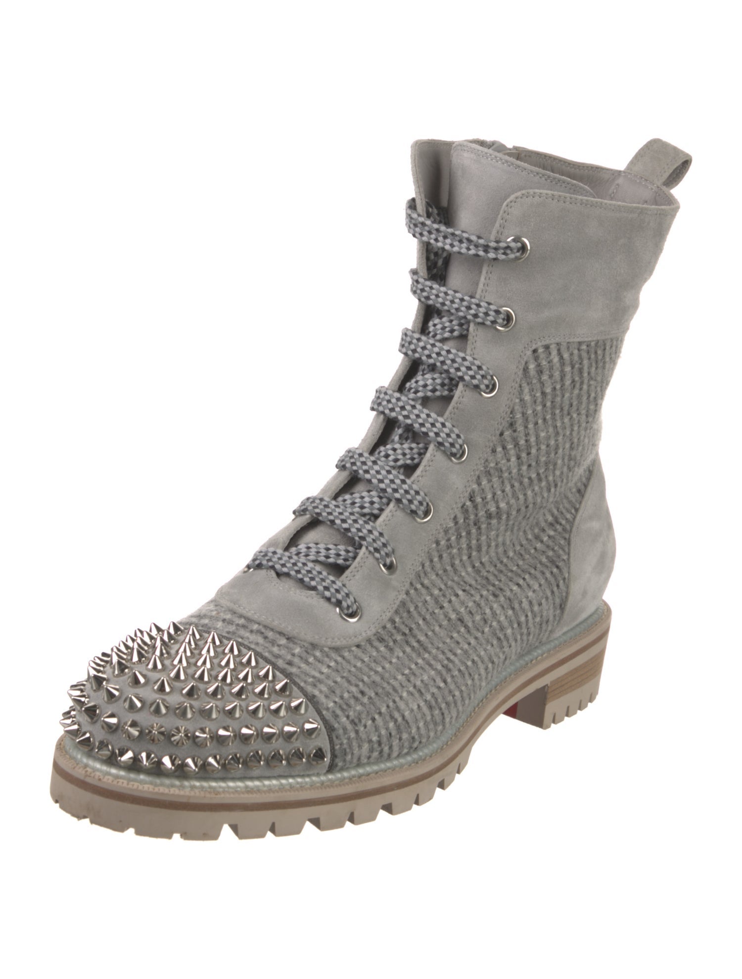 Christian Louboutin Spike Accents Tweed Combat Boots